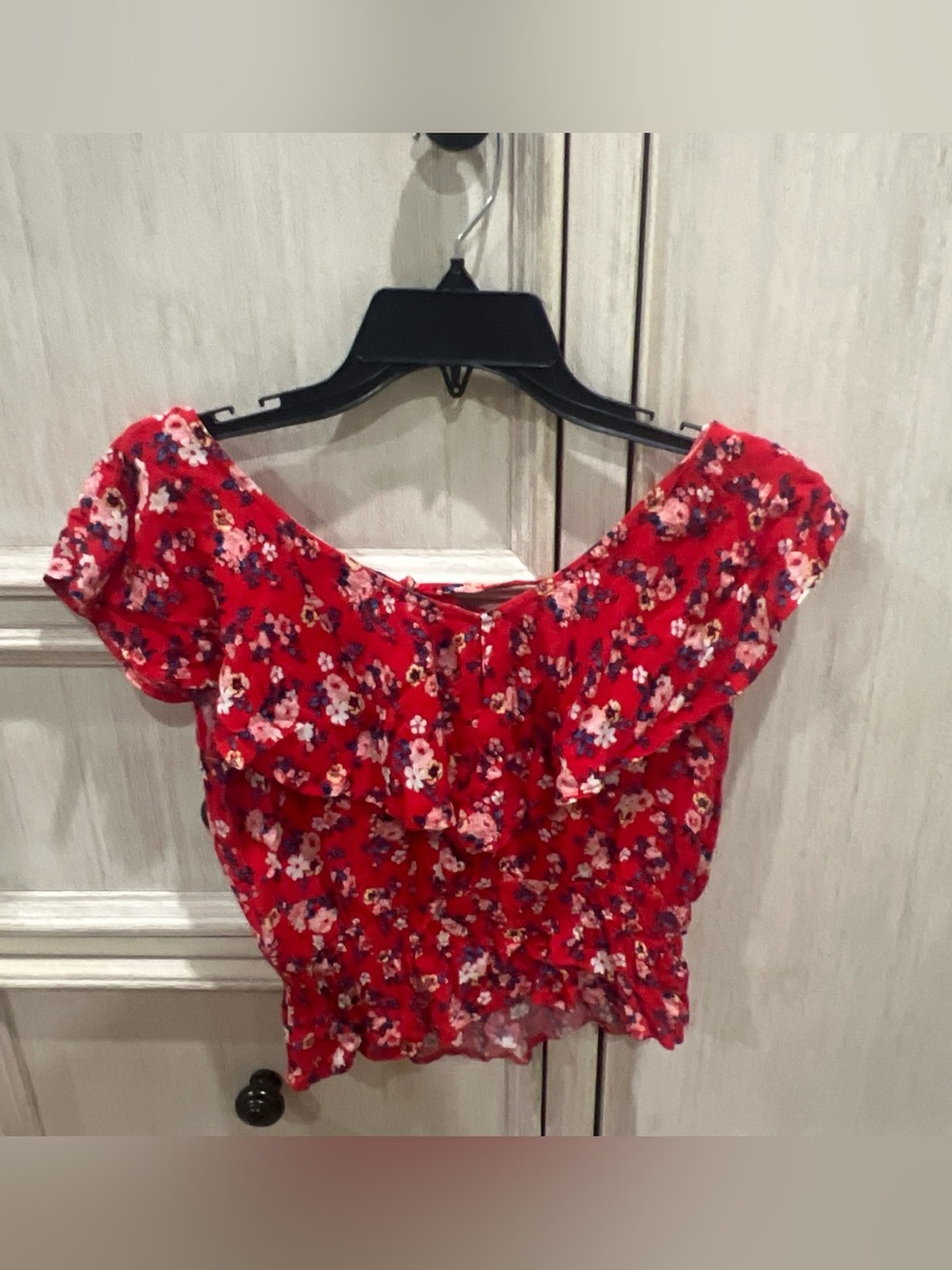 No Boundaries Red Floral Ruffle Off-Shoulder Blouse